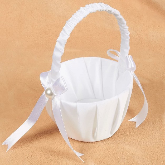 Juvale White Flower Girl Basket For Weddings Flower Pedal Basket In Satin Bowknot And Pearl Design 8 X 5 2 X 6 In