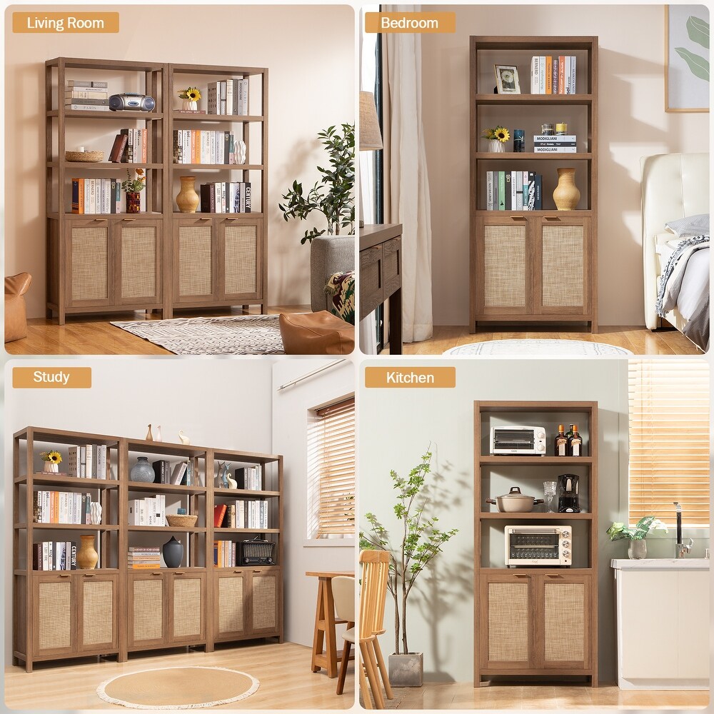 SICOTAS 5 Tier Adjustable Bookshelf with Rattan Storage Cabinet