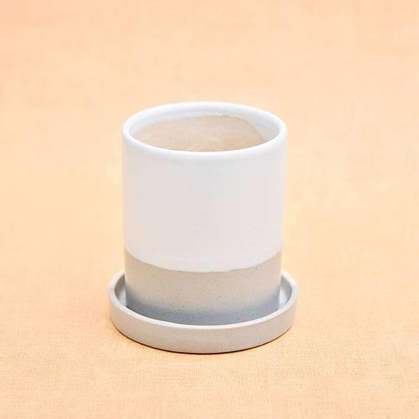 3.1 inch (8 cm) CP043 Cylindrical Ceramic Pot with Plate (White, Grey) (set of 2)