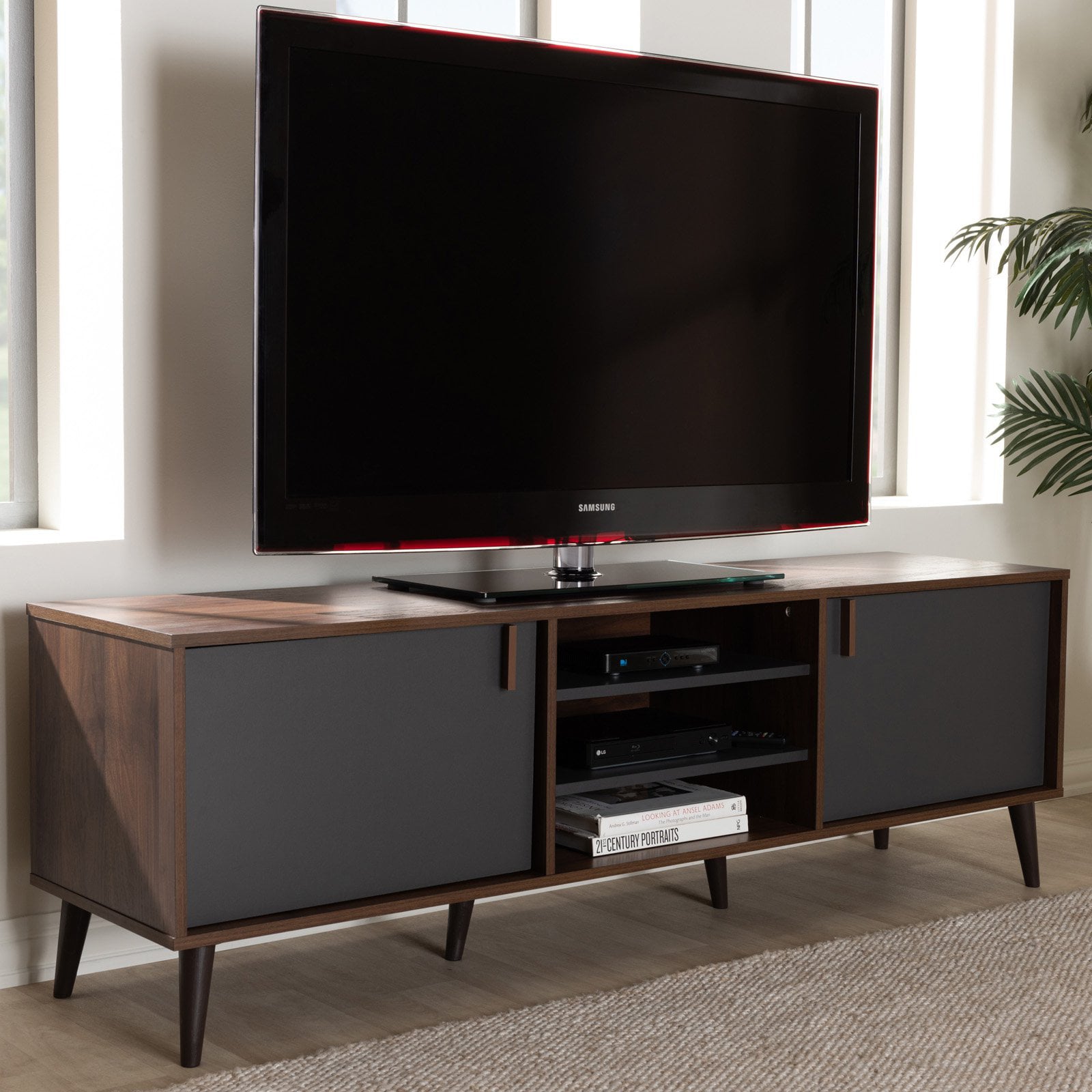 Baxton Studio Samuel Mid-Century Modern TV Stand - Brown and Dark Grey