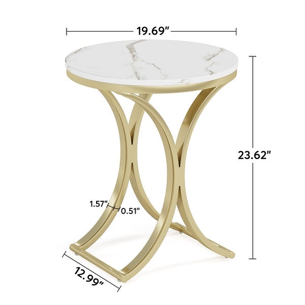 Small Modern Round Side Table End Table Nightstand with Gold Metal Frame and Faux Marble Veneer Engineered Wood for Living Room