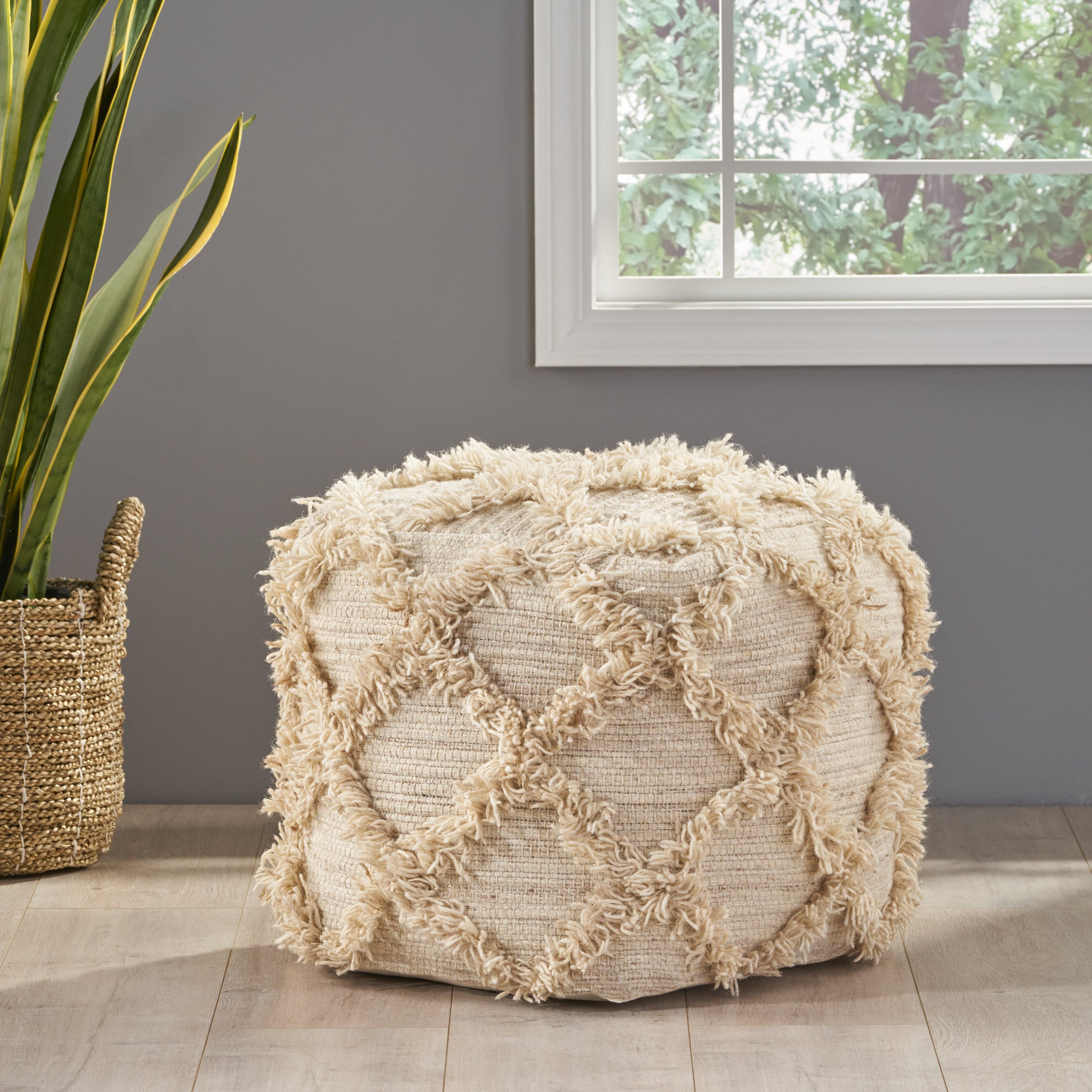 Viraj Boho Artisan Hand Woven Wool and Cotton Cube Pouf