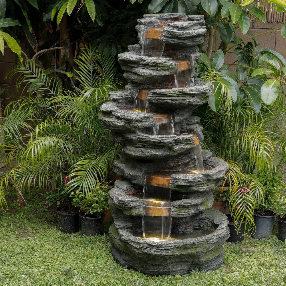 Alpine Corporation 58 in. Tall Outdoor 8-Tier Rainforest Rock Water Fountain with LED Lights WIN1146