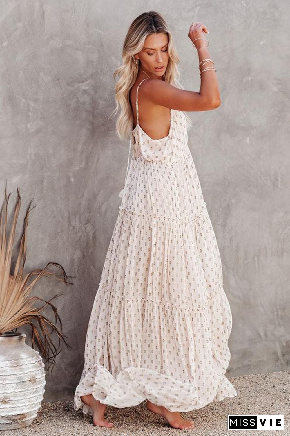 Beige Pattern Print Tiered Ruffled Spaghetti Strap V Neck Maxi Dress