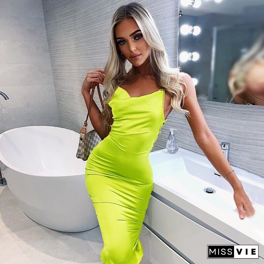 Summer Women Long Dress Satin Sleeveless Bandage Backless Elegant Party Dress Vestidos Sexy Elegant Hollow Out