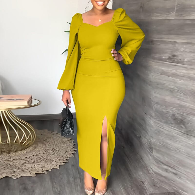 Long Sleeve Square Neck Slit Maxi Dresses