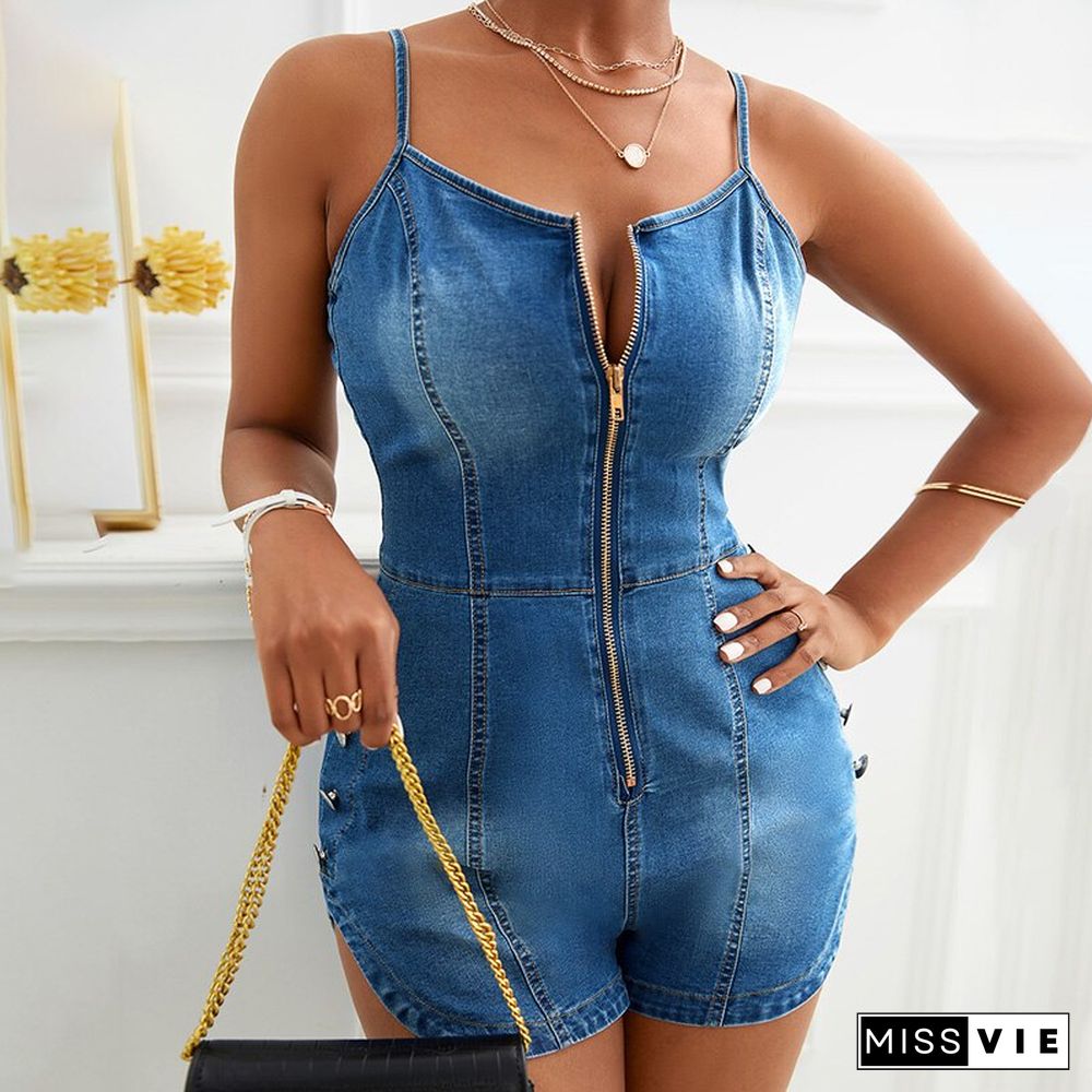 Women Fashion Spaghetti Strap Denim Romper Female Playsuit Zipper Up Front Cami Rompers