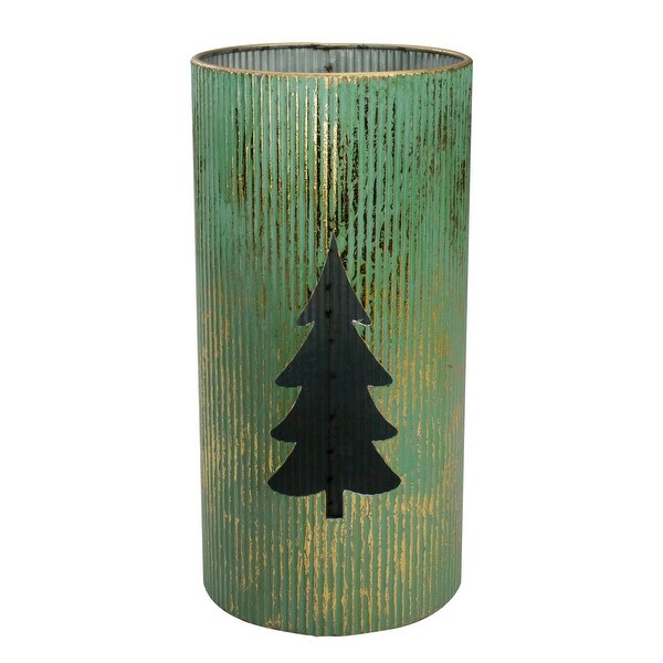 Set of 2 Rustic Green and Gold Christmas Tree Tabletop Lanterns 12