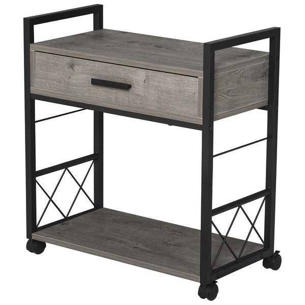 HOMCOM Industrial Style Side Table with 1 Drawer， Shelf， Wheels Wooden Bedside Table Night Stand， Home Furniture， Grey