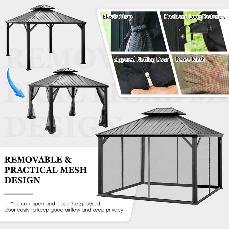 12 x 10 FT Hardtop Gazebo with Netting & Central Hook, 2-Tier Outdoor Patio Metal Gazebo Canopy Tent