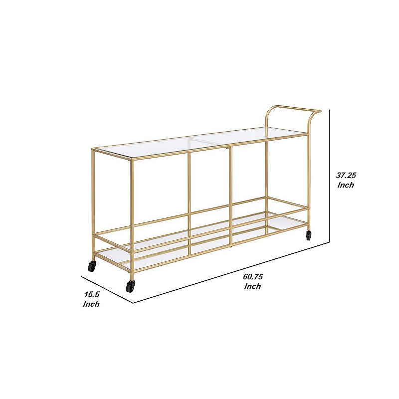 Serving Cart with 2 Tier Design and Metal Frame， Gold