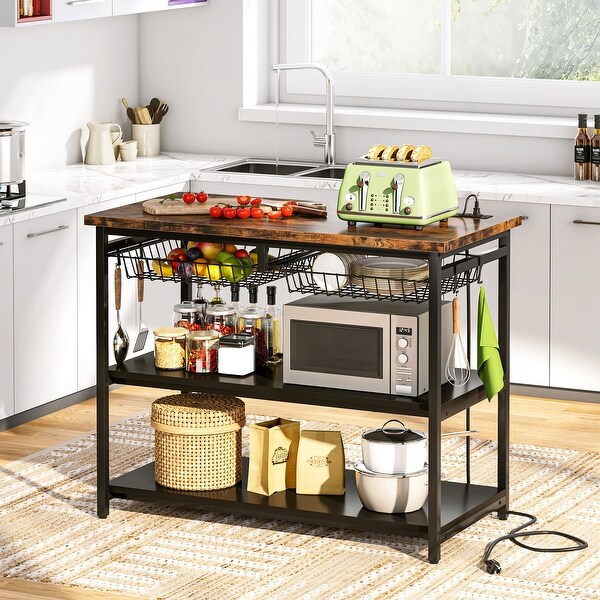 Kitchen Island with Storage Industrial Island Table with Power Outlets and Wire Baskets 3 tier Microwave Oven Stand