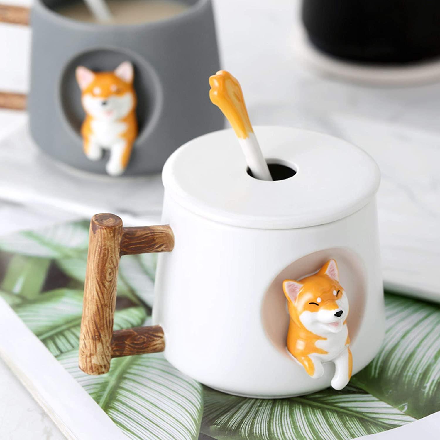 Coffee Mug，cute Dog Ceramic Mug，funny Ceramic Coffee Mug Porcelain Coffee Mugs，milk Tea Cup，coffee Tea Travel Mug With Lid And Ceramic Spoon (13.5oz/4