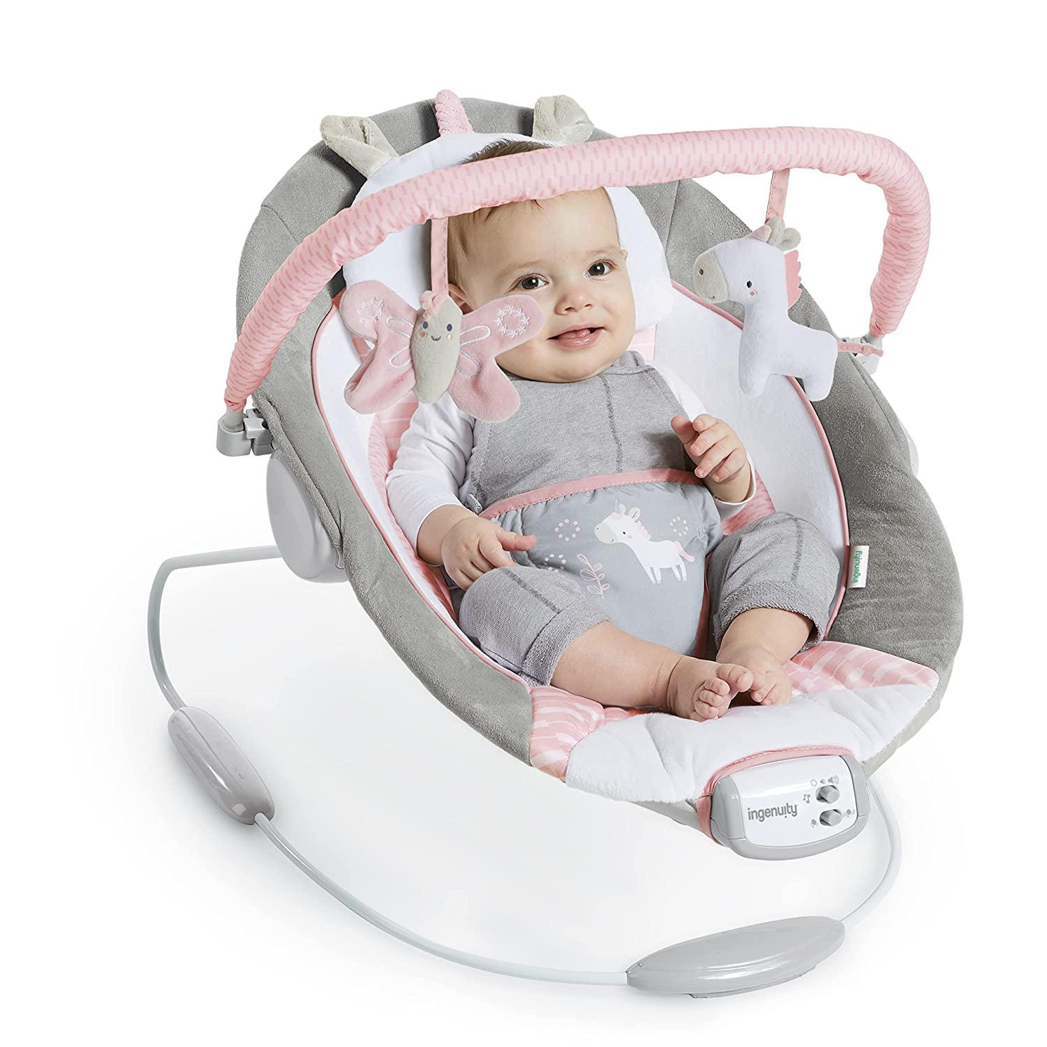 Ingenuity Soothing Baby Bouncer with Vibrating Infant Seat， Music， Removable -Toy Bar and 2 Plush Toys - Flora the Unicorn (Pink)， 0-6 Months