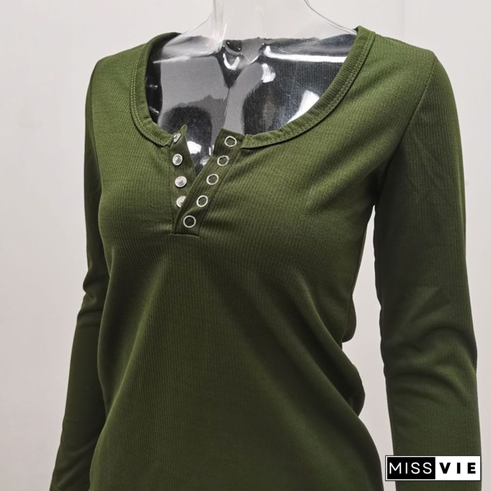 Spring Tight-fitting Bottoming Shirt U-neck Ribbed Long-sleeved Blouse Women's Clothing