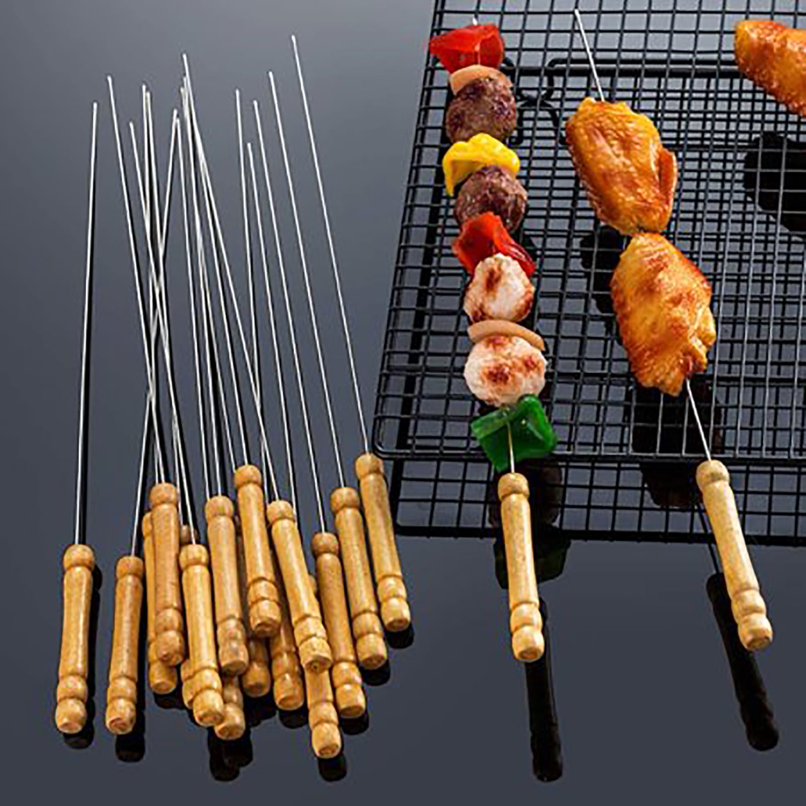 12PCS Stainless Steel Kabob Skewer with Wood Handle for BBQ Camping Cookware Campfire Grill Cooking 12 inch