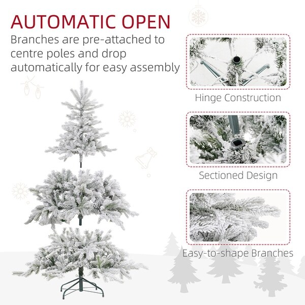 HOMCOM 6ft Prelit Snow Flocked Artificial Christmas Tree with Warm White LED Light and 1321 Tips，Metal Base