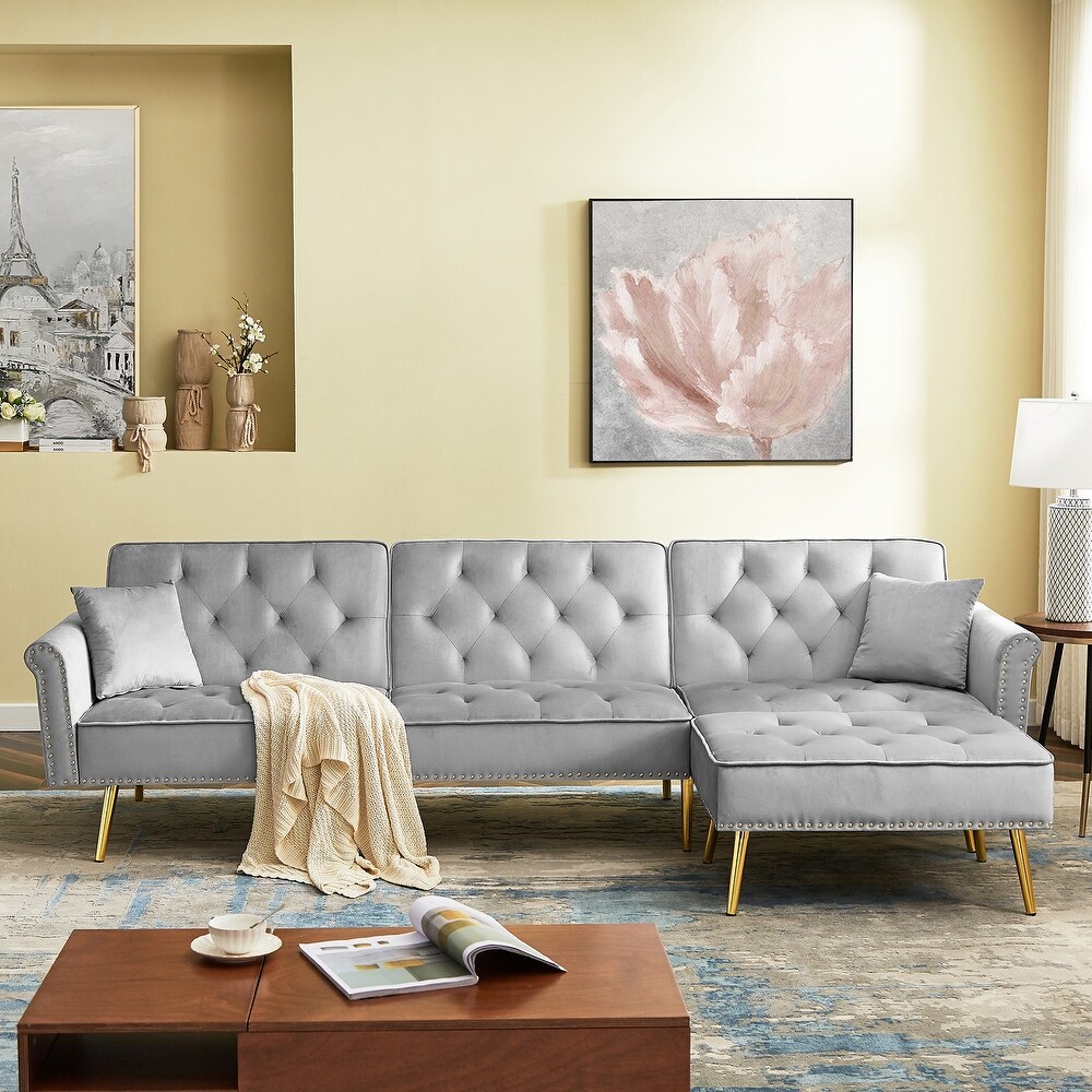 Modern Velvet Upholstered Sectional Sofa Bed  L Shaped Reversible 3 Seat Couch with Movable Ottoman   Nailhead Trim