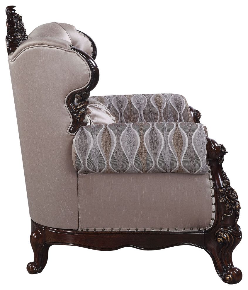 ACME Benbek Chair with Pillow in Taupe and Antique Oak   Victorian   Armchairs And Accent Chairs   by Acme Furniture  Houzz