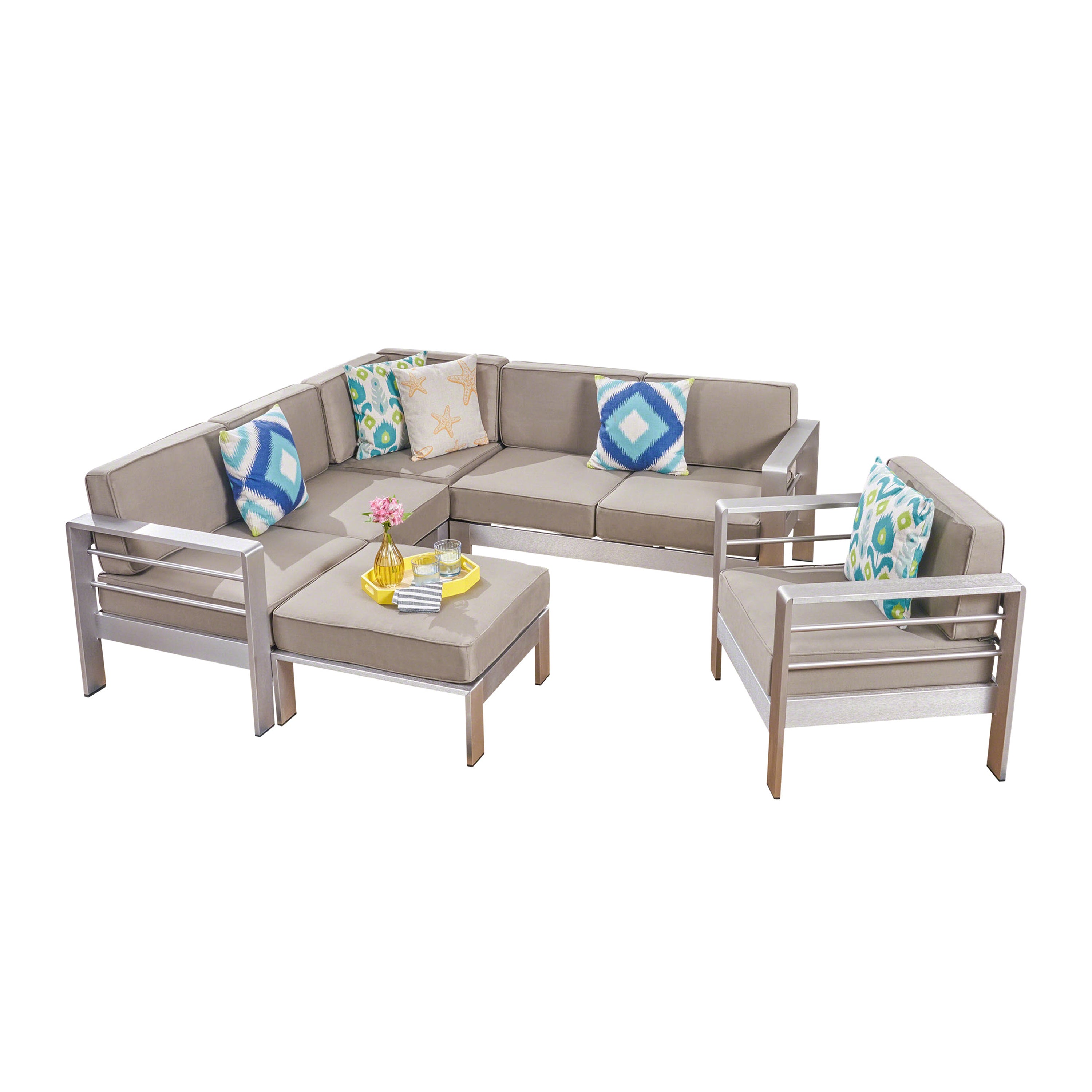 Emily Coral Outdoor Aluminum 6-Seater V-Shaped Sectional Sofa Set with Ottoman