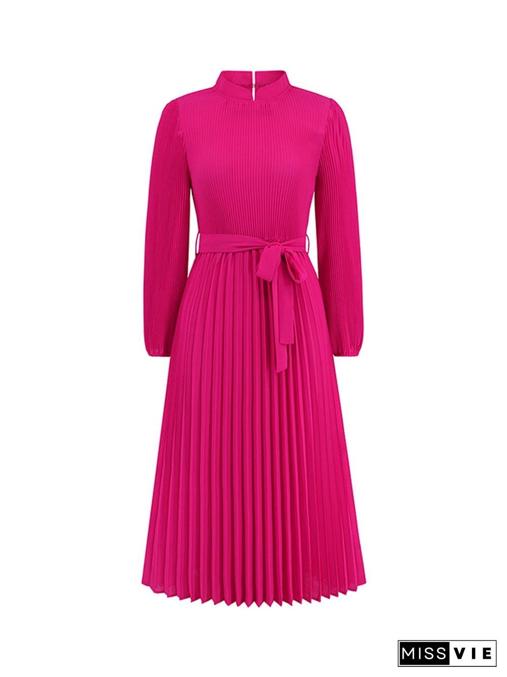 Bishop Sleeve High Waisted Hollow Pleated Solid Color Tied Waist Mock Neck Midi Dresses