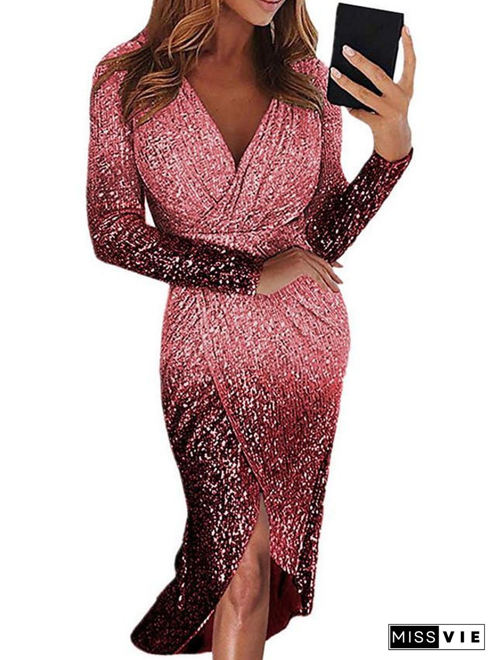 Women's Bodycon Long Sleeve Color Gradient Color Block Sequins Asymmetric Elegant Sexy Black Blue Purple Red Yellow Blushing Pink Gold Silver S M L XL XXL