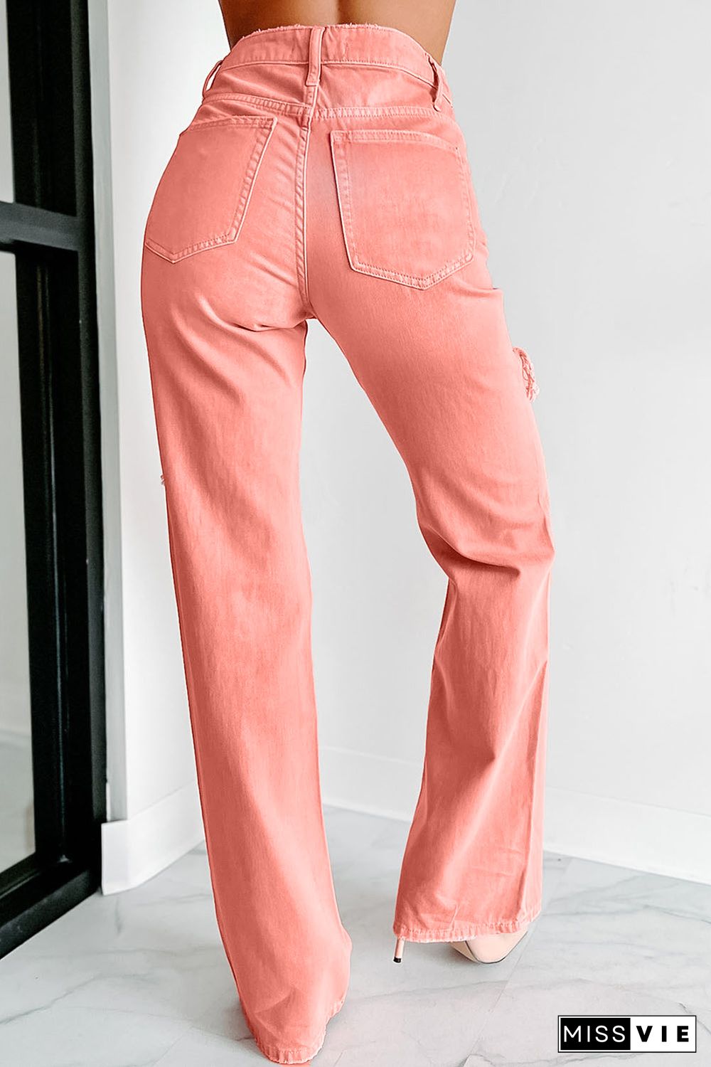 Pink High Waist Ripped Straight Leg Pocket Jeans