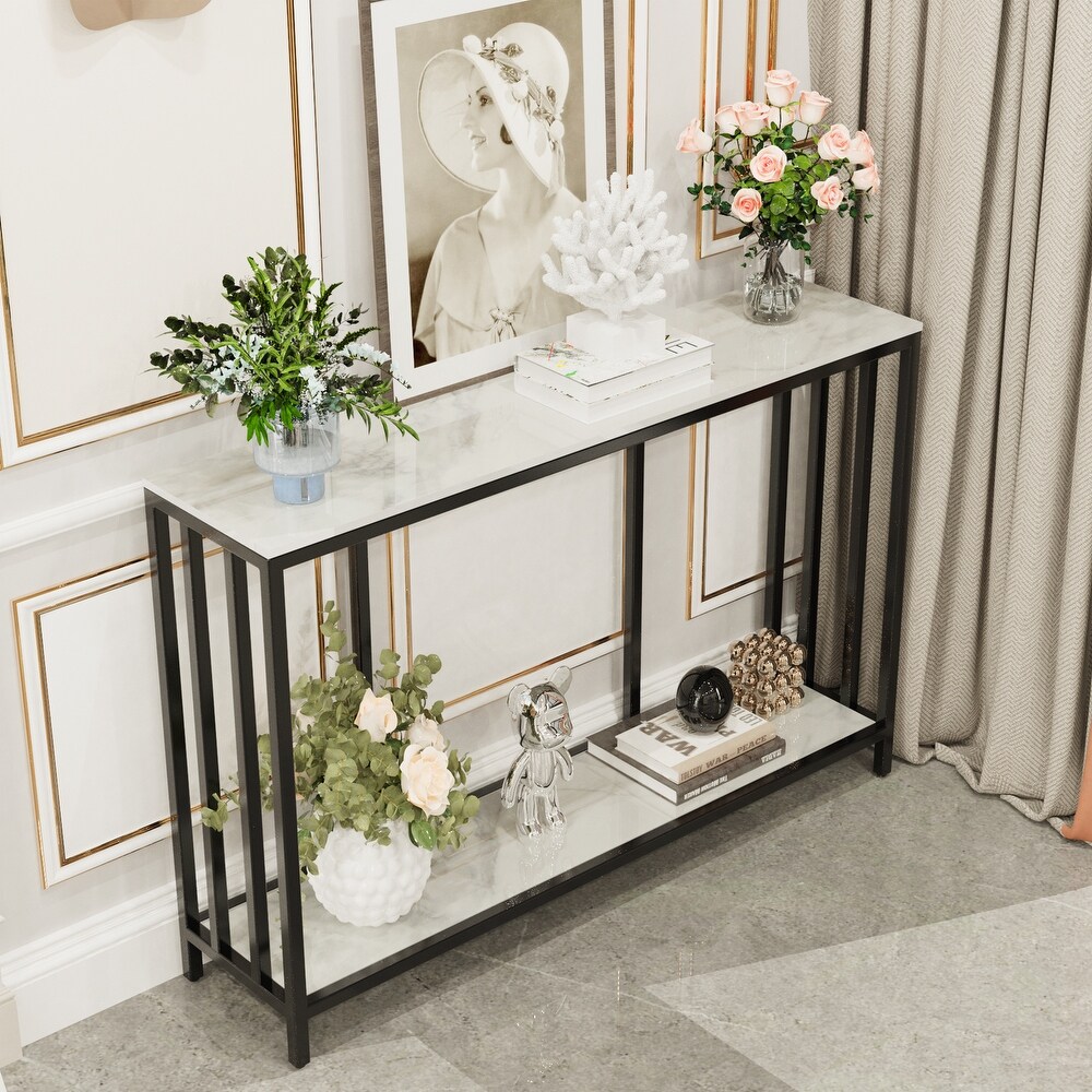 Marble Console Table 2 Tier with Metal Frame Sofa Storage Table   47.2x11.8x30.7 inch