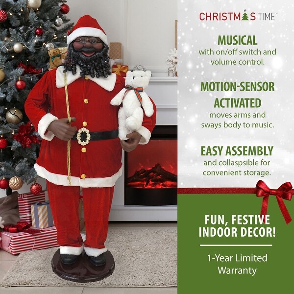 Christmas Time 58In. African American Dancing Santa with Toy Sack and Teddy Bear，Holiday Home Decor