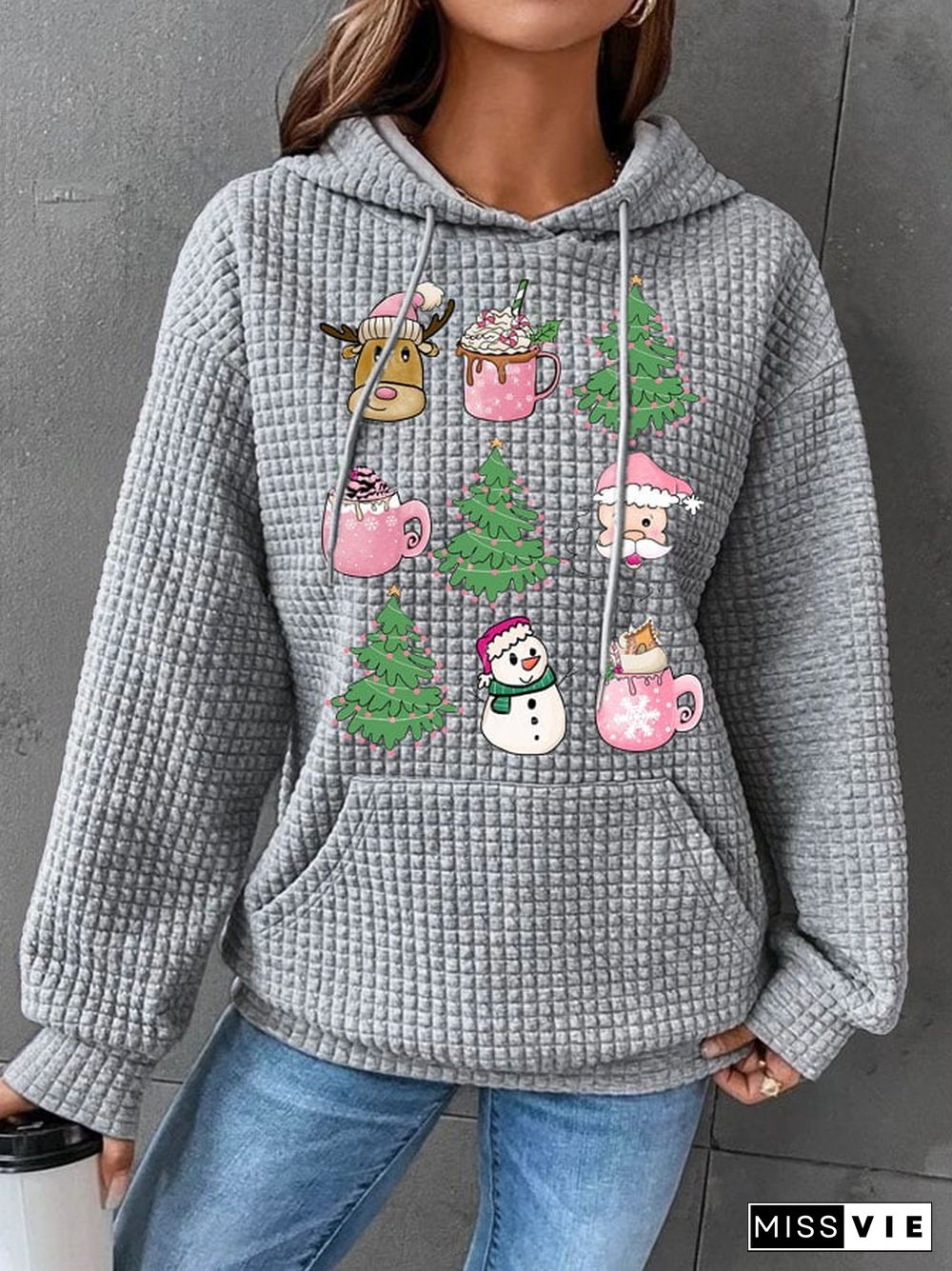 Women's Pink Christmas Print Long Sleeve Sweatshirt