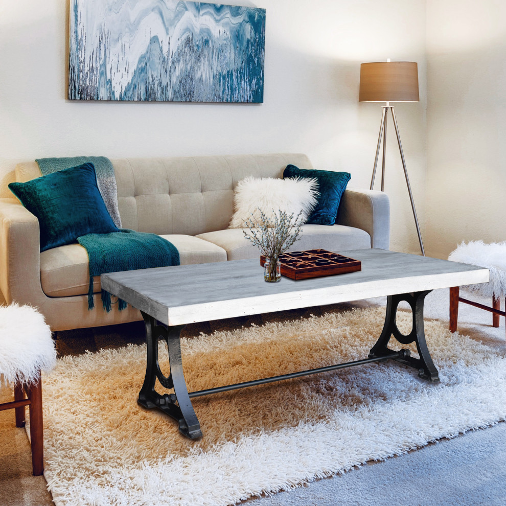 Muan Rustic Grey Wash Mango Wood Coffee Table With Ironwork Base   Industrial   Coffee Tables   by Chic Teak  Houzz