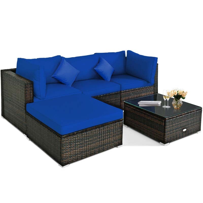 5 Pcs Outdoor Patio Rattan Furniture Sectional Sofa Set Wicker Conversation Set with Cushions