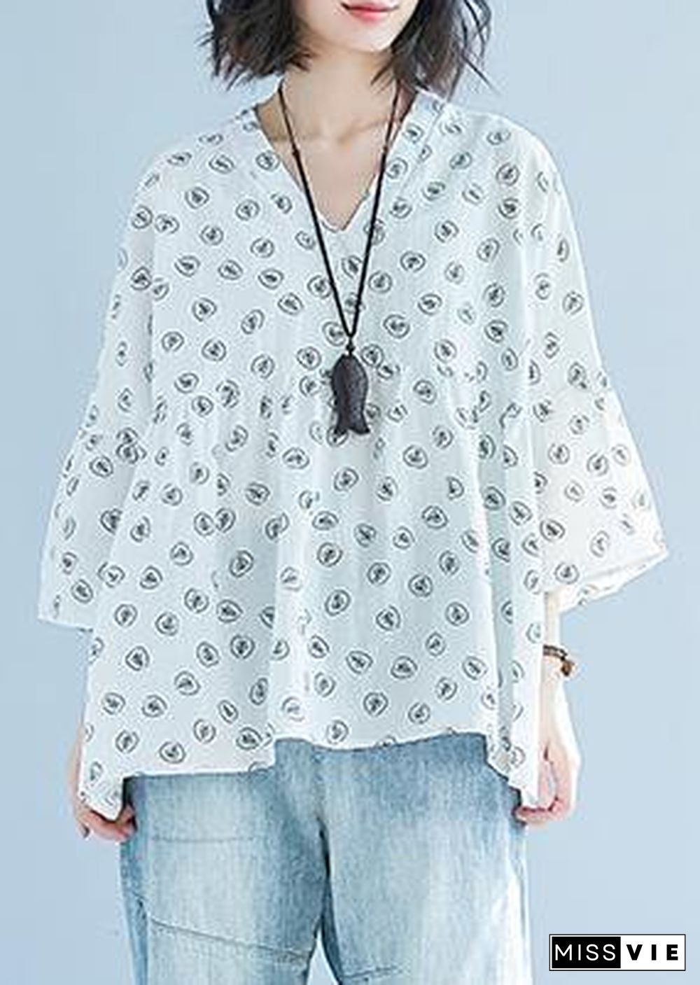 DIY White Print Chiffon Blouse Korea Batwing Sleeve V Neck Tunic Summer Shirt﻿