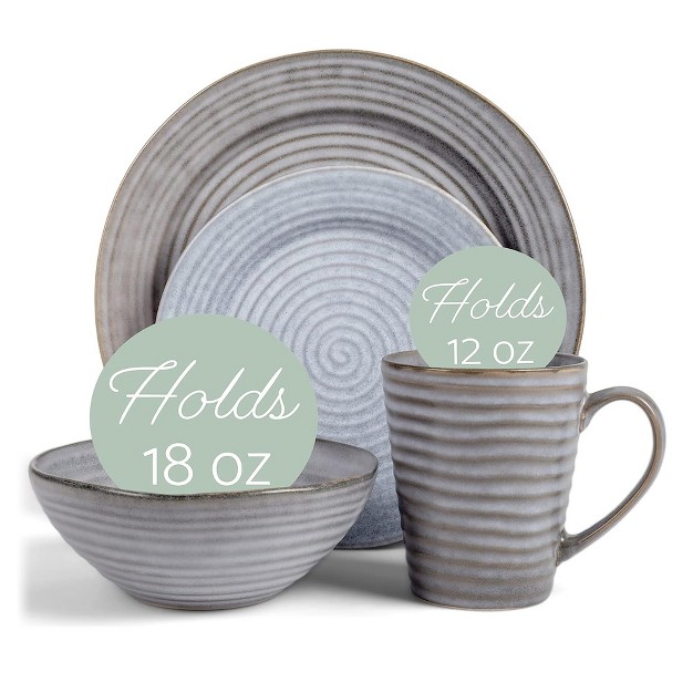 Elanze Designs Chic Ribbed Modern Thrown Pottery Look Ceramic Stoneware Plate Mug amp Bowl Kitchen Dinnerware 16 Piece Set Service For 4 Slate Grey