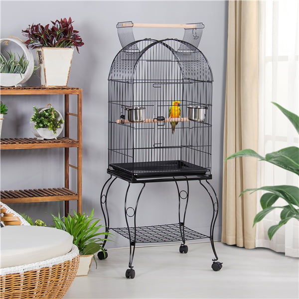 SMILE MART Metal Rolling Bird Cage with 2 Feeders and 2 Wooden Perches， Black