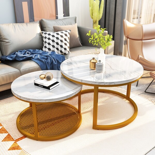 Stylish Round Coffee Table Set Nesting Coffee Tables with Metal Frame and 1 Metal Mesh Shelf (Set of 2)