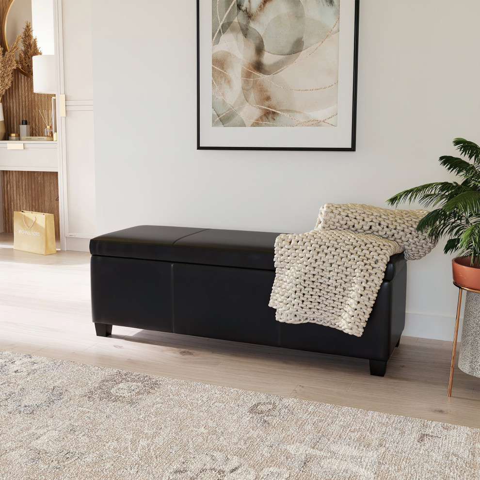 48 quotElegant Leather/Linen Rectangular Storage Ottoman   Transitional   Footstools And Ottomans   by OneBigOutlet  Houzz