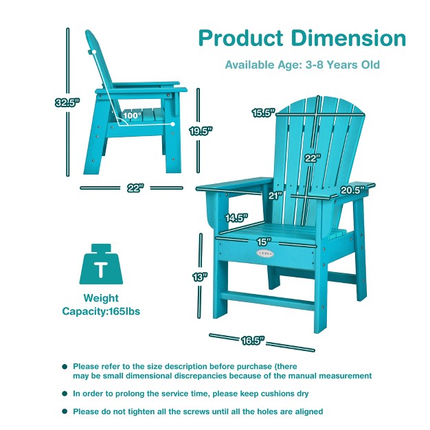 Patio Kids x27 Adirondack Chair Seat Weather Resistant For Ages 3 8 Yellow blue green grey red turquoise white