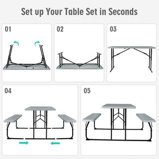 ANGELES HOME 54 in. L Rectangular Metal HDPE Foldable Outdoor Picnic Table Bench Set Gray M70-8OP672GR