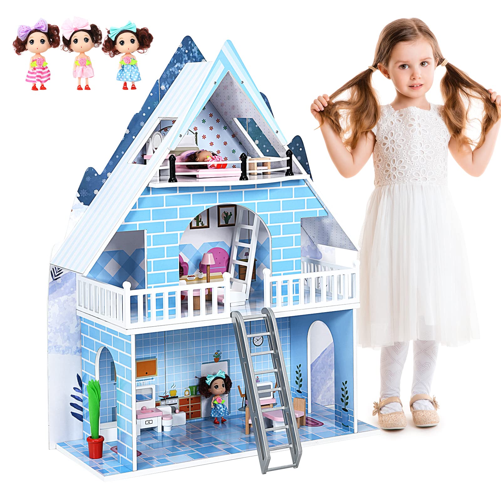 Kids Wooden Dollhouse, 3-Story Dream Toy Family House