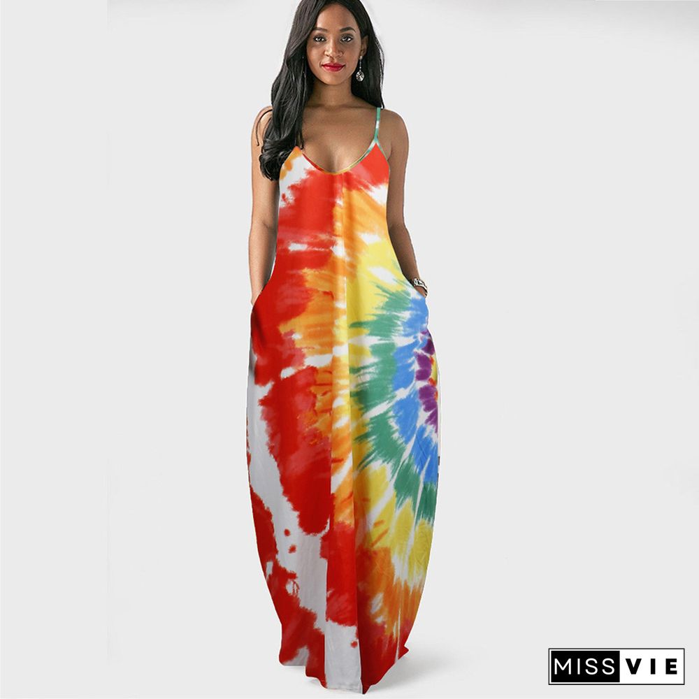 Tie Dye Print Loose Spaghetti Straps Maxi Dress