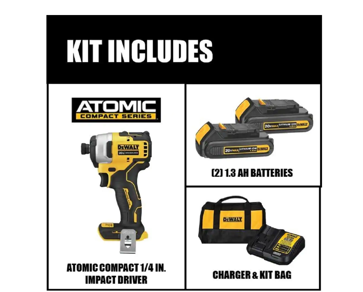 DEWALT DCF809C2 ATOMIC 20-Volt MAX Cordless Brushless Compact 1/4 in. Impact Driver， (2) 20-Volt 1.3Ah Batteries， Charger and Bag