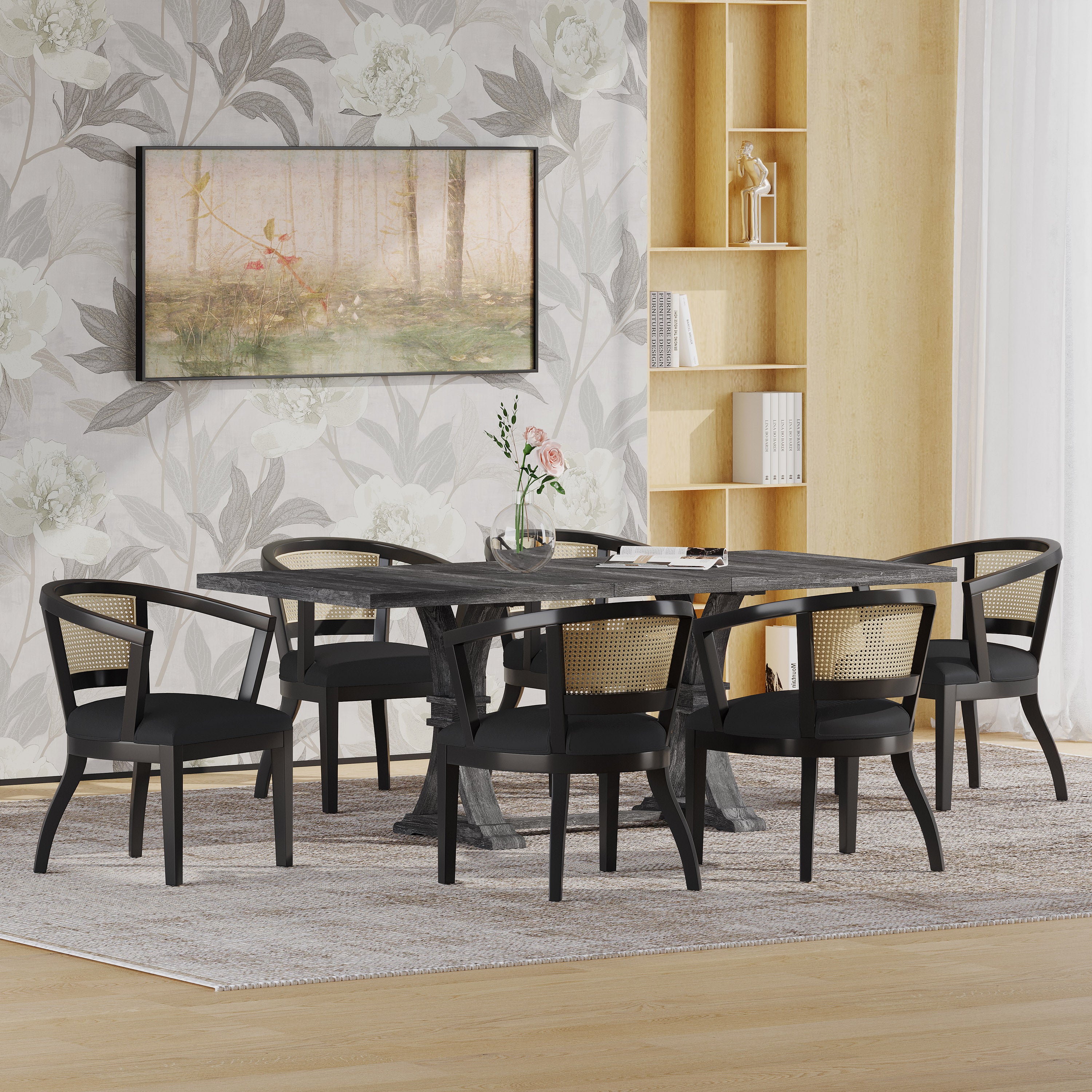 Aubrietta Traditional Upholstered Wood and Cane 7 Piece Dining Set