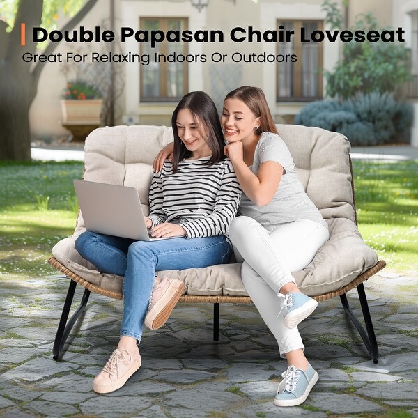 Pellebant Double Papasan Chair Loveseat with Beige Cushion For Indoor and Outdoor Use