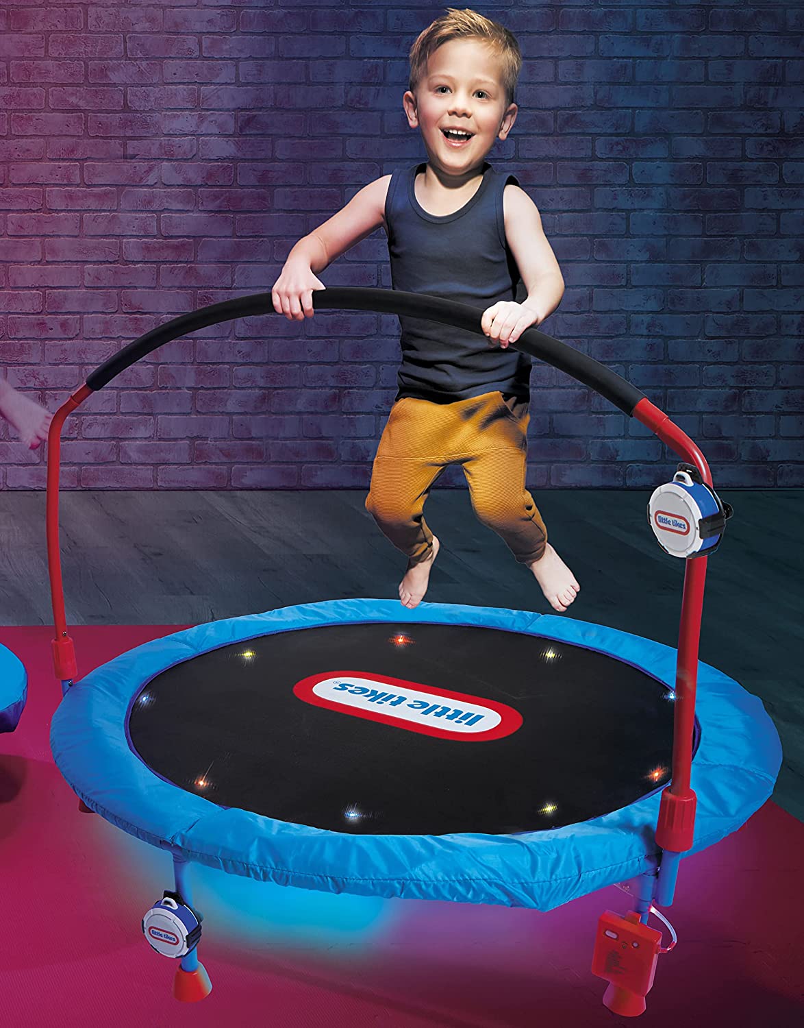 Little Tikes 4.5 ft Lights 'n Music Trampoline for Kids with LED Lights， Bluetooth， Foldable Trampoline with Safety Handle， Indoor Outdoor- Toy Gifts for Toddlers Boys Girls Ages 3 4 5 6+ Year Old