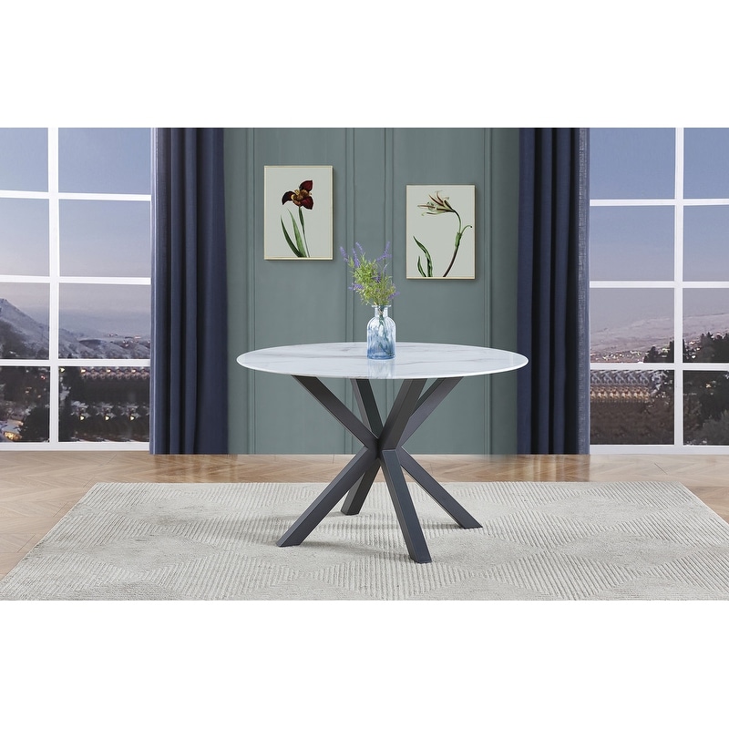 Best Quality Furniture White Marble Wrapped Tempered Glass Dining Table   White   Gray Iron