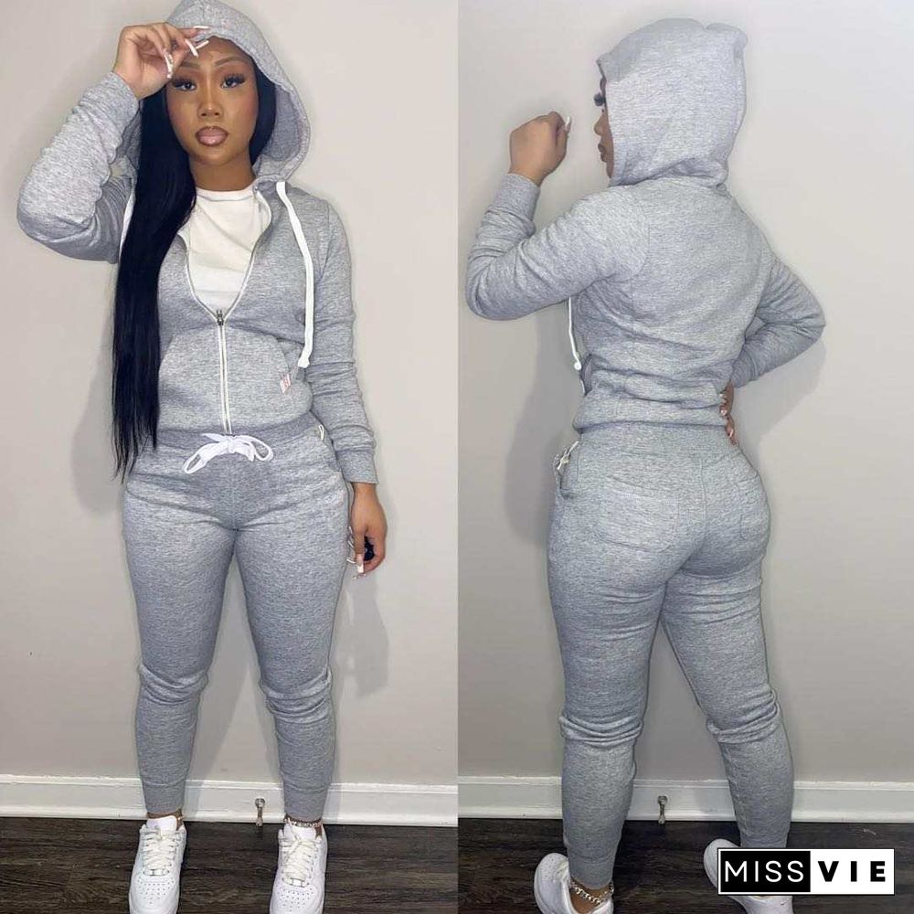 Solid Hooded Zip Sweatshirt Top Drawstring Pants Set