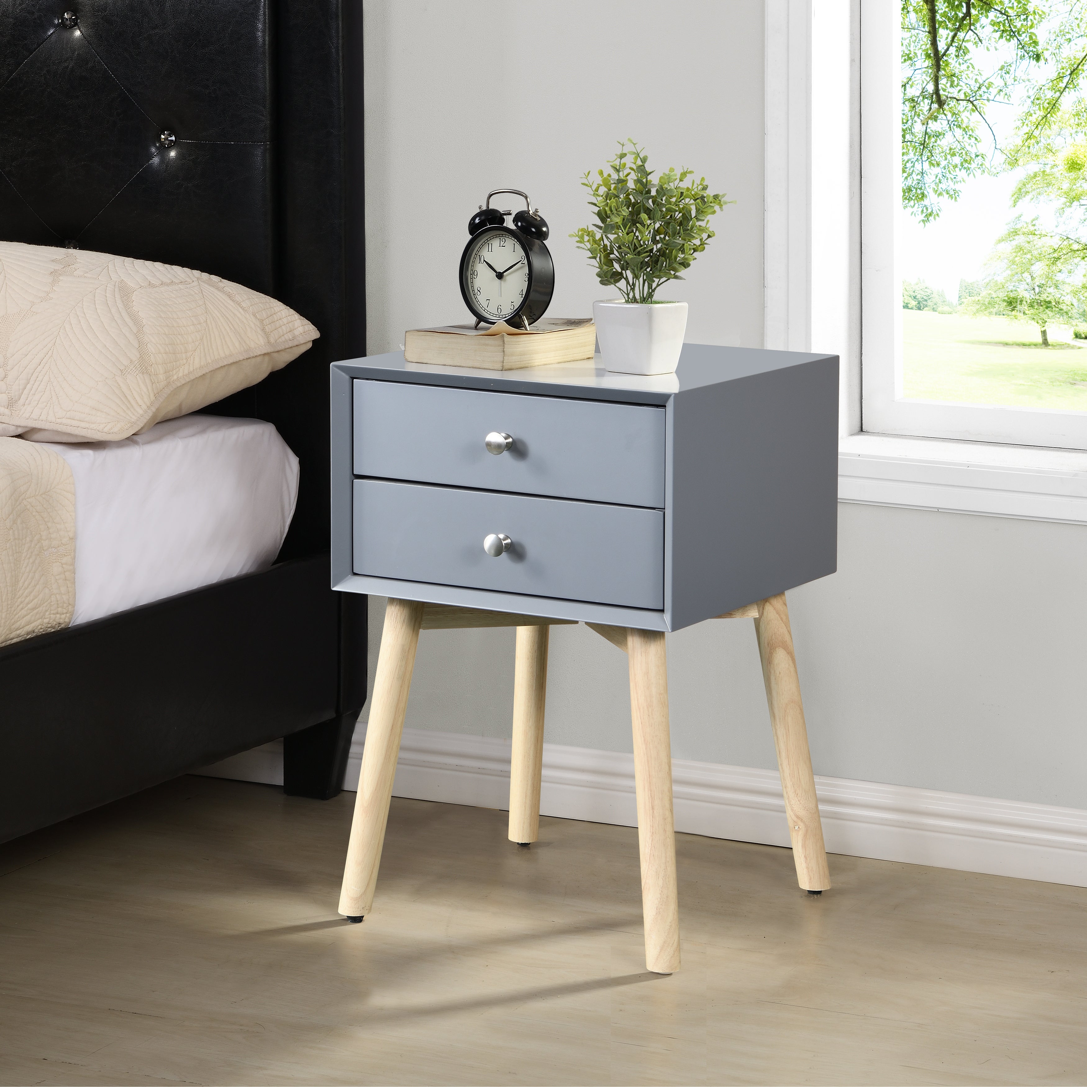 Mid-Century Modern Side Table with 2 Drawer， Round Metal Knobs and Rubber Wood Legs， 15.7