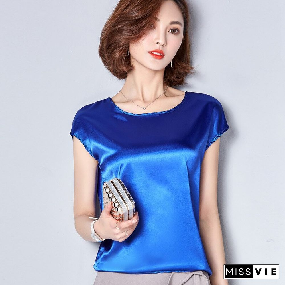 Women Tops and Bloues Summer Casual Plus Size Basic Satin Shirts O-Neck Elegant Short Sleeve OL Silk Blouse Feminina Tops