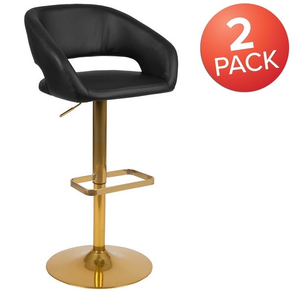 Erik Contemporary Black Vinyl Adjustable Height Barstool with Rounded Mid-Back and Gold Base， Set of 2 - black?